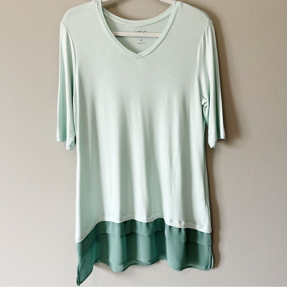 LOGO by Lori Goldstein 3/4 Sleeve Mint Green Tunic w/ Chiffon Trim Size Medium